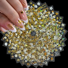 30 Sheets Gold Nail Art Stickers Decals 3D Self-Adhesive Leaf Flower Nail Art Stickers for Nail Art Gold Star Moon Nail Decals White Heart Snowflake Nail Art Design Decoration for Women and Girls