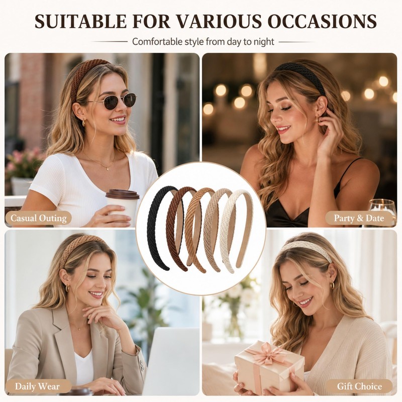 5 Pack Thin Headbands for Women, 0.6 Inch Non Slip