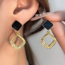 Xmsrn Vintage Hollow Crystal Square Drop Earrings Black Enamel Square Stud Earrings Rhinestone Square Earrings Dangle Open CZ Square Earrings for Women, Zinc, No Gemstone