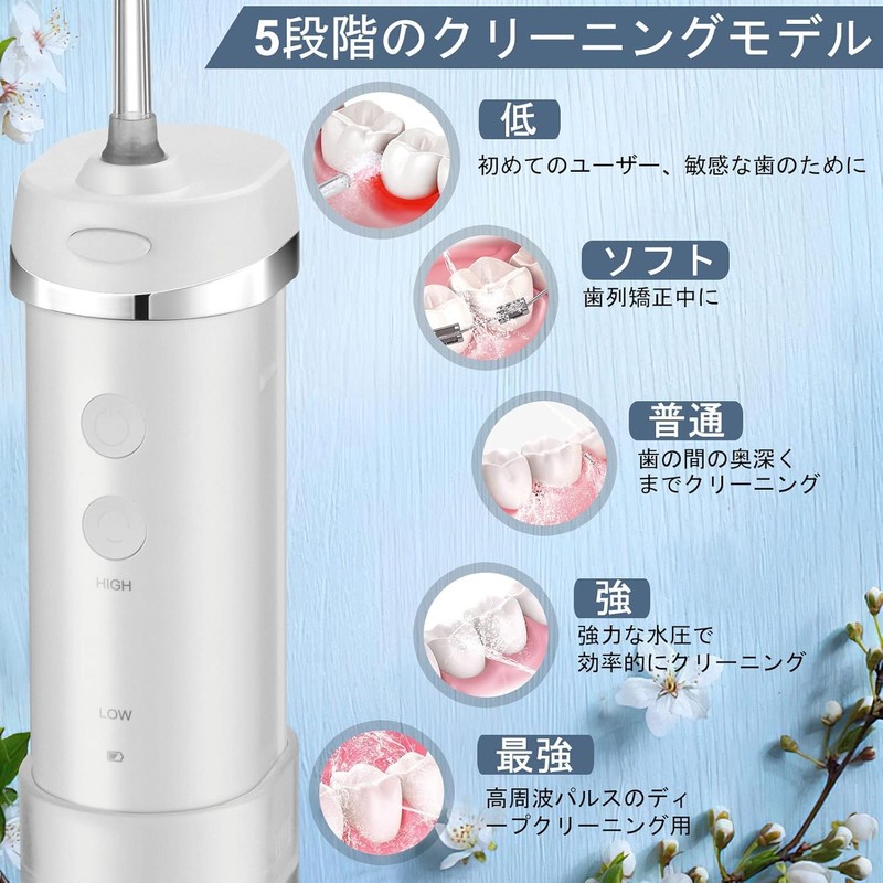 口腔洗浄器 ウォーターフロッサー コードレス 折りたたみ ポータブル コンパクト オーラル 流し器 5段階水圧モデル 5つのノズルチップ