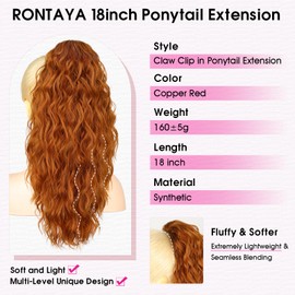 RONTAYA Ponytail Extension, Copper Red Claw Clip Ponytail Extensions for Women, Multi Layered Fluffy Thick Wavy Jaw Clip in Fake Pony Tails Fake Hair Soft Synthetic Hairpiece