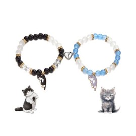 Fuqimanman2020 2 Pcs Cat Bracelet Cute Cat Kawaii Kitten Bead Bracelet Couple Matching Animal Charm Bracelets BFF Friendship Bracelet-black grey
