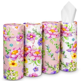 Car Tissue Holder Cylinder - 4 Packs Car Tissue Box Holder with Facial Tissues - Travel Car Accessories Interior for Women - Refill Round Tissue Cube Boxes for Cars Cup Holder, Home and Office