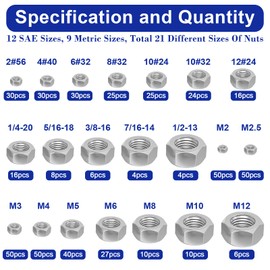 511 PCS SAE & Metric Hex Nut Assortment Kit with Double Side Organizer, 304 Stainless Steel Nuts Set (2# 4# 6# 8# 10# 12# 1/4 5/16 3/8 7/16 1/2, M2 M2.5 M3 M4 M5 M6 M8 M10 M12)