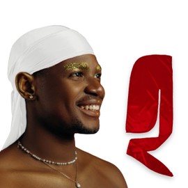 Juego de 2 unidades de regalo Durag de seda para hombres y mujeres, satén sedoso, rojo y blanco, Rojo/Blanco, Large