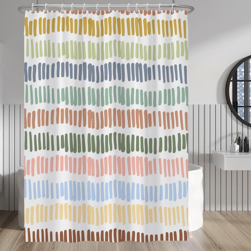 Baocicco Multicolour Stripe Bathroom Curtain Decor with Hooks - Rainbow