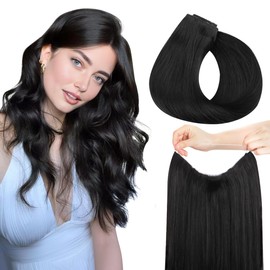 hotbanana Wire Hair Extensions, 18 inch 95g Natural Black Fish Line Hair Extensions Real Human Hair Straight Invisible Remy Hair Human Extension