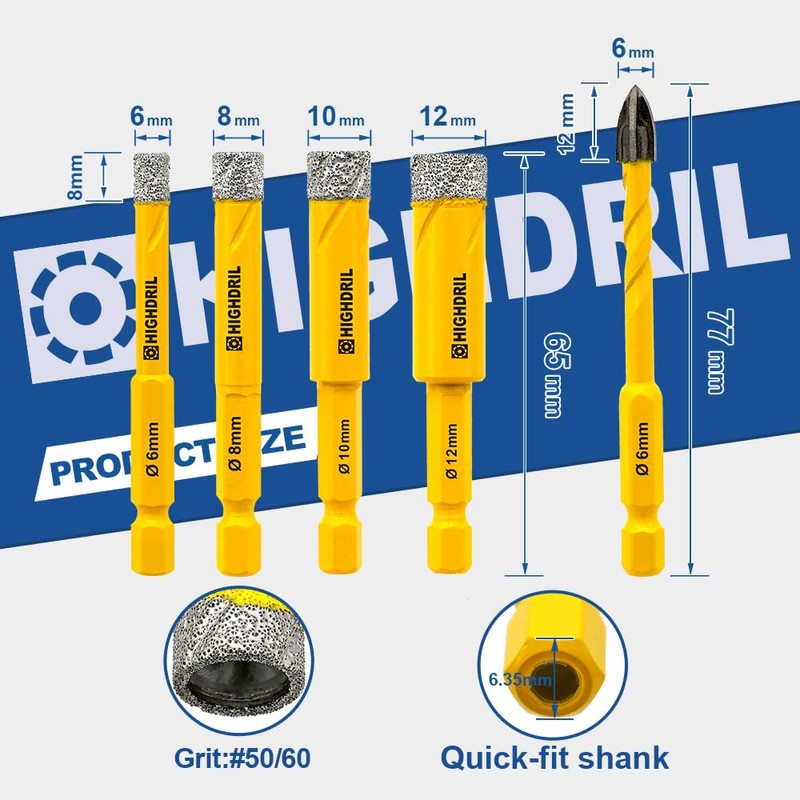 HIGHDRIL Dry Diamond Drill Bits Set 5pcs - 6/8/10/12mm Quick