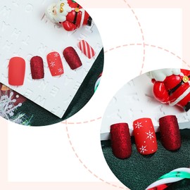 Red Press on Nails Christmas Fake Nails Glitter Press on Nails Christmas Snowflake Design Acrylic Nails Short Square False Nails Stick on Nails for Women Girls Christmas Party Dance Parade Nail Art