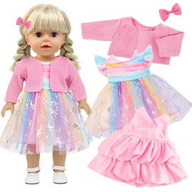 Xerteam Baby Dolls Clothes for 14-18Inch Baby Doll, 2 Set Pink Dresses, Tulle Dress with Glitter Horse Pattern, Accessories Knitted Jacket Headclips for 35-45cm Girl Doll, Suit for Birthday Gift