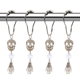 Skull Shower Curtain Rings Hooks for Gothic Bathroom Decor - Rustproof Stainless Steel Shower Curtain Hangers Set of 12 Silver Claw Skull Bathroom Decorative Pendants Set Accessories