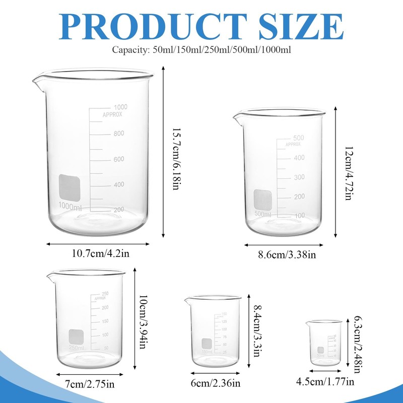 Supkiir 5 Pack Glass Beaker 50 ml/100 ml/250 ml/500 ml/1000