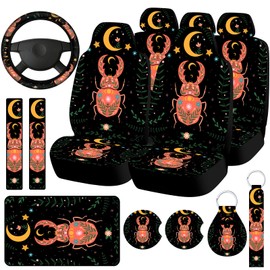 Riakrum 15 Pcs Forest Moon Star Car Seat Covers Full Set for Women Steering Wheel Cover Shoulder Pads Armrest Pad Keychain Wrist Strap Auto Seat Universal for Vehicle SUV Truck Protector