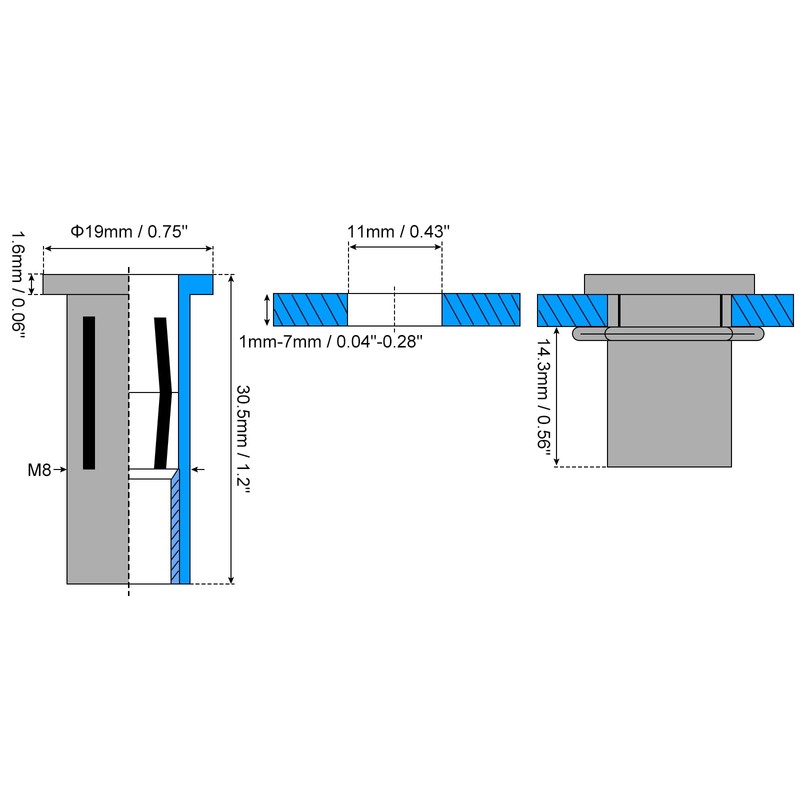 uxcell M8 Multi-Grip Rivet Nuts, 25pcs Pre-Bulbed Shank Flat Head