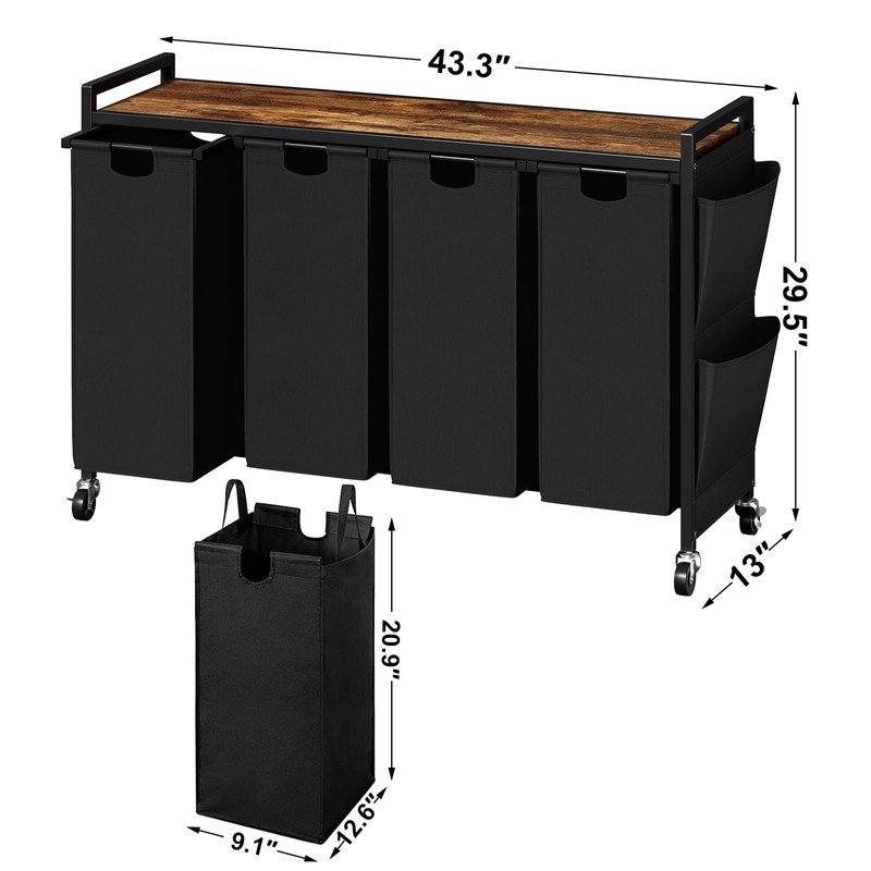 WOWLIVE 4-Compartment Laundry Hamper with Lid,Rolling Laundry Basket Organizer with