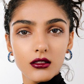 GLOQUAT Blue Sapphire Hoop Earrings 14K White Gold Plated Blue Earring for Women Vintage Cubic Zirconia Hoop Earring Fashion Round Circle Hoops Earrings Sapphire Jewelry for Women 25mm