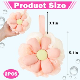 2PCS Cute Loofah Pink Flower Bath Sponges Mesh Pouf Body Scrubber Exfoliating Shower Sponge for Women Shower Puff Soft Loofah Sponge Ball Bath Sponge for Sensitive Skin in Beauty Bathing Accessories