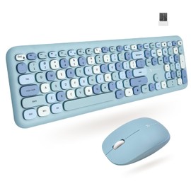X9 Cute Wireless Keyboard and Mouse Combo - Retro Typewriter Keyboard and Mouse with Round Bubble Keys, 110 Keys and 18 Shortcuts Keyboard - Colorful Blue Keyboard Mouse Combo for PC Computer, Laptop