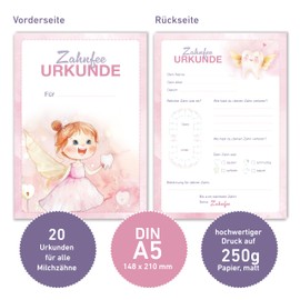 Tooth Fairy Certificate (Pack of 20) in Pink - Gift for Girls and Boys - Tooth Certificates for Milk Teeth and Reminder of First Tooth Gaps - Rosafee