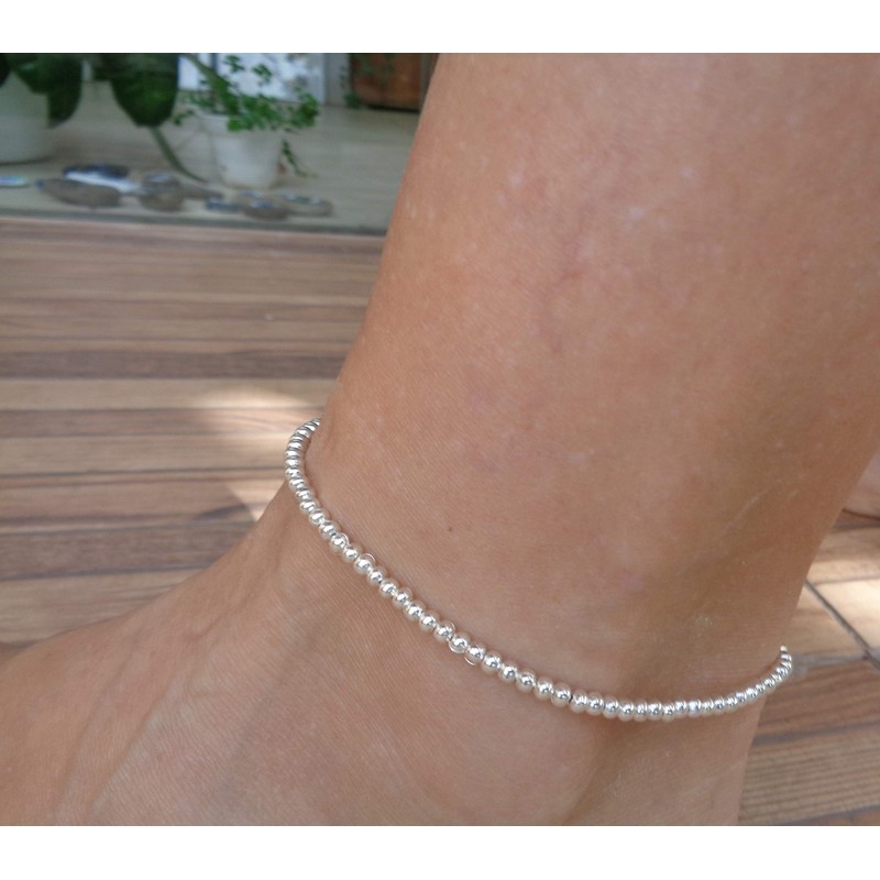 Silver metal beads anklet, ethnic boho anklet, elastic