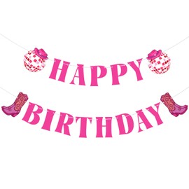 Western Cowgirl Happy Birthday Banner, Disco Cowgirl Birthday Party Decoration with Disco Ball & Boots Cutout Hot Pink Hanging Garland Bachelorette Party Decor Supplies