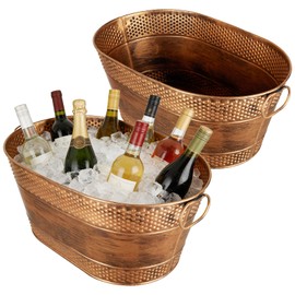 4 Gallon Galvanized Beverage Tub, 2 Pcs Heavy-Duty Copper Ice Buckets Large Galvanized Drink Buckets Oval Metal Beverage Ice Tub with Handles for Catering Bars Parties