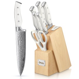Knife Set, D.Perlla 7 Pieces Kitchen Knife Set with Built-in Sharpener, High Carbon Stainless Steel Knives Set with Unique Waved Pattern, Non-slip Ergonomic Handle, White