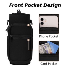 AceTreker 32/40 oz Neoprene Water Bottle Sleeve, Sport Water Bottle Pouch with Adjustable Shoulder Strap and 2 Pockets, Insulated Bottle Carrier Holder for Walking-Black