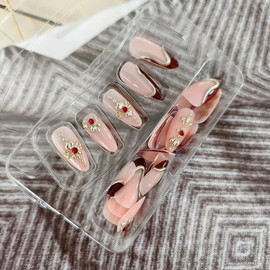 24Pcs Almond Press on Nails Medium Gold Red French Tip Fake Nails 3D Gold Line Rhinestones Designs 3D Acrylic Artificial Nail Reusable Stick on Nails for Women Manicure Decoration