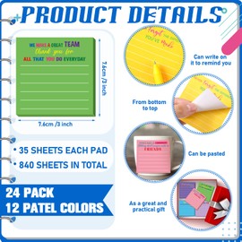 Yinder 24 Pcs Thank You Gifts Bulk Employee Appreciation Sticky Notes with Inspirational Sayings Team Building Notes Pad for Teacher Nurse Coworker Office Supplies 3 x 3''(Dark Color,Appreciation)