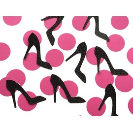 Black Glitter High Heel Shoe Confetti - Pink Dots and Black Shoes - Stiletto Confetti - 200 Pieces total