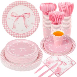 Ziliny 350 Pcs Pink Bow Plates and Napkins, 50 Guest Coquette Party Supplies Include Gingham Paper Plates Bow Napkins Cups Plastic Spoons Forks Knives Birthday Tableware Set for Baby Shower