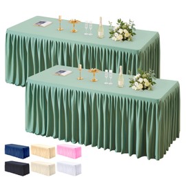 2 Pack Sage Green Tablecloths for Rectangle Tables 6ft, Wrinkle Resistant Spandex Table Cover Fitted Stretch Table Cloth with Pleated Ruffle Skirts for Party Banquet Dining Birthday Wedding