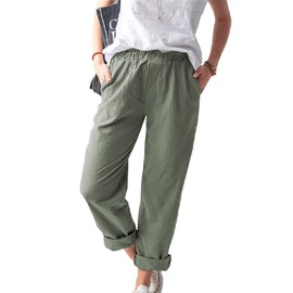 Women's Straight Pants Elastic Waist Casual Trousers Pants with Pockets Green