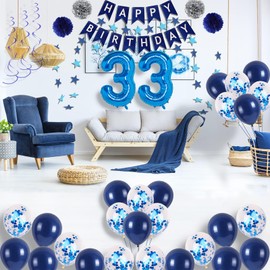 NANINUNENO 33rd Birthday Party Decorations In Blue Men And Women, Supplies Happy Balloons With Banner, Numbers, Star Streams, Swirls Hanging