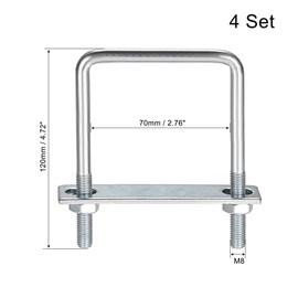 sourcing map Square U-Bolts 2-3/4"(70mm) Inner Width Carbon Steel M8 with Nuts, Frame Plate, Round Washers 4 Set