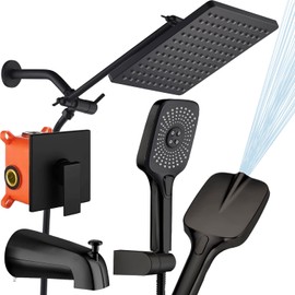 SUNZOE Shower Faucet Set with Tub Spout Matte Black 10 Inch Rainfall Shower with 4 Setting Spray Mixer Shower System Modern Luxury Wall Mounted Tub Shower Faucet Set Rough-in Valve Body (Matte Black)