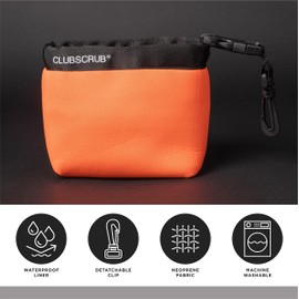Club Scrub Golf Club and Golf Ball Cleaning Bag, Waterproof Clean Face Technology Liner, Perfectly Dry Neoprene Exterior, Detachable Clip, Machine Washable, Cleans Club Grooves, Orange