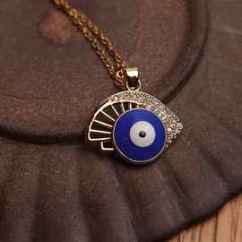 Sonateomber Evil Eye Pendant Necklace for Women - Blue Turkish Third Nazar Eye Fan Lash - Gold Cute Sparkly Cubic Zirconia CZ Rhinestone Enamel Dangle Jewelry Gift