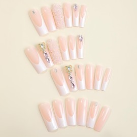 24 Pzs Uas Postizas Cuadradas Largas French Tip Full Cover 3D Rhinestone Acrylic False Nail Tips with Gems Stick on Nails Uas Artificiales Largas para Mujeres Decoraciones de Manicura (style 13)
