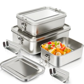 Mazsiwed 304 Stainless Steel Bento Box,3 Pack Stainless Steel Containers With Lids 2400/1400/850ml,Leak-Proof & Stackable Metal Lunch Box Stainless Steel Food Storage Containers for Work Work,Picnic
