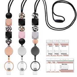 kioooki Teacher Lanyards for ID Badges and Keys with ID Holder, Cute Beaded Lanyards with Rectractable Badge Reel, Breakaway Cruise Lanyard for Women with 6 Clear Badge Holders