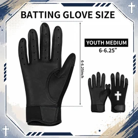 JenPen 1 Pair Christian Youth Batting Gloves 6.5 Inch Religious Baseball Batting Gloves Long Cuff Leather Cross Mitt Anti-Slip Grip Finger for Softball Teeball Baseball Kids Boy, M Size (Black)