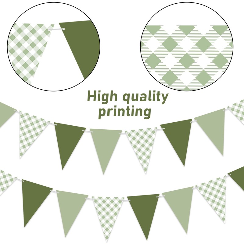 3Pcs Sage Green Gingham Pennant Banner Pre-Strung Triangle Flag Garland