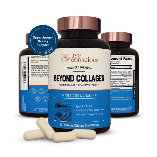 Live Conscious Beyond Collagen Multi Collagen Capsules - Types I, II, III, V & X | Hydrolyzed Blend with Biotin & Vitamin C for Hair, Skin, Nails 90 Capsules
