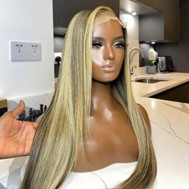 ANDRIA 13x6 HD Lace Front Wigs 200% Density Brown and Blonde Straight Glueless Lace Wigs Blonde Lace Frontal Wigs for Women Synthetic Heat Resistant Fiber Hair Wig With Baby Hair Pre Plucked 28 Inches