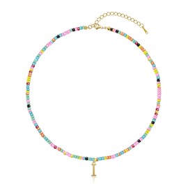 Yifnny Colorful Beaded Initial Necklaces, Gold Letter Pendant Initial Necklace Colorful Jewelry Boho Choker Multicolored Beads Necklaces summer Beaded Chain Rainbow Jewelry for Women (I)