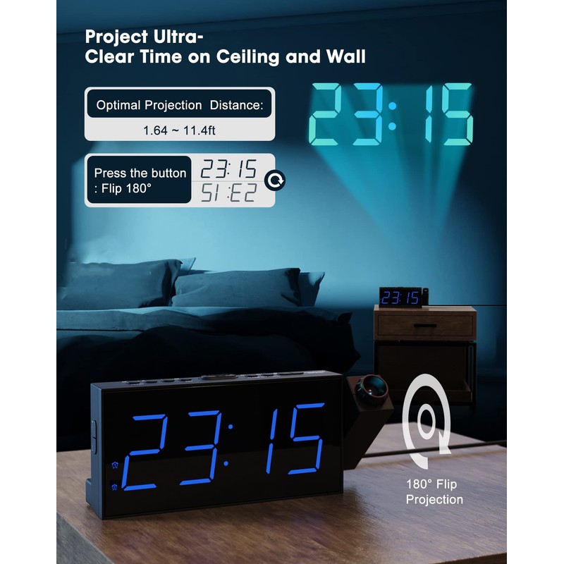 Projection Alarm Clock, Digital Clock with USB Phone Charging,180°Projector Clock,5-Level