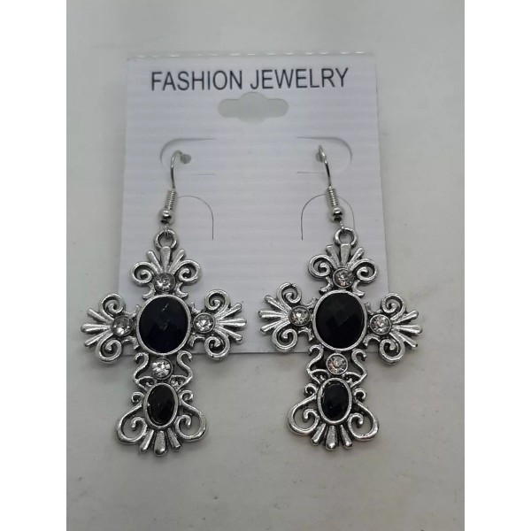 Unbranded Scroll Southwestern Rhinestone Black/Gray Faceted Cab Cross Silver Tone