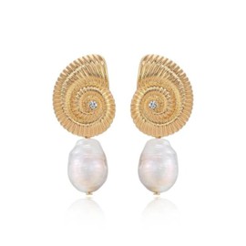 Ettika Dangle Earrings For Women. Nautilus Shell Freshwater Pearl Earrings, 18K Gold Plated Earrings. Womens Jewelry